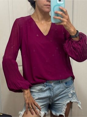 Women’s Magenta Chiffon Blouse Pleated Balloon Sleeves V Neck Flowy Top Size S